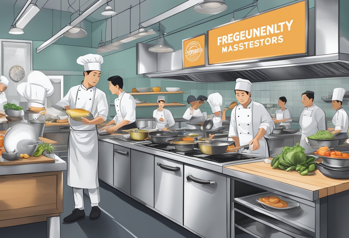 A bustling kitchen with chefs preparing dishes, while a large sign reading "Frequently Asked Questions Masterchef Singapore" hangs prominently on the wall