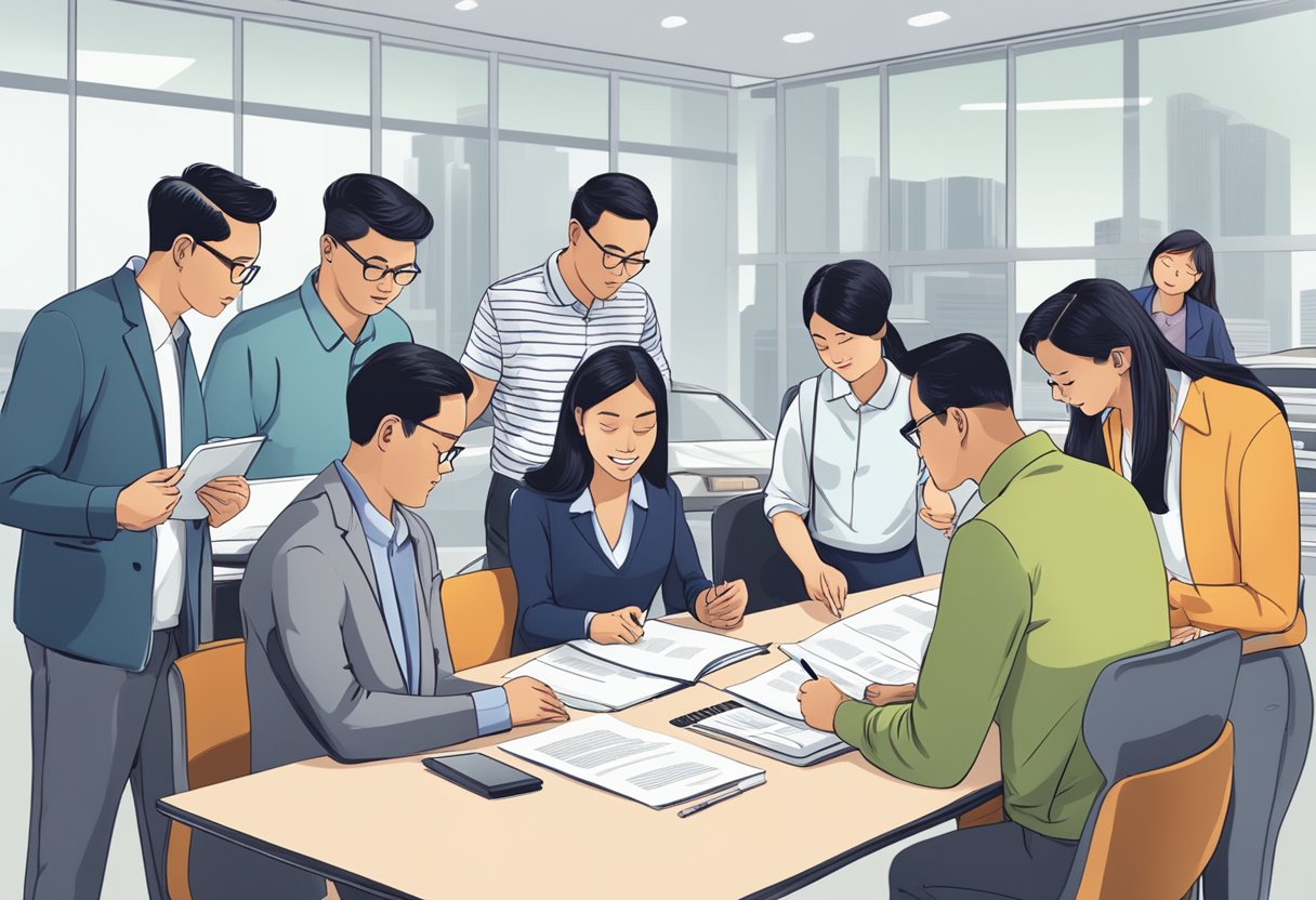 A group of people gathered around a desk, reading and discussing a list of frequently asked questions related to the Automobile Association of Singapore