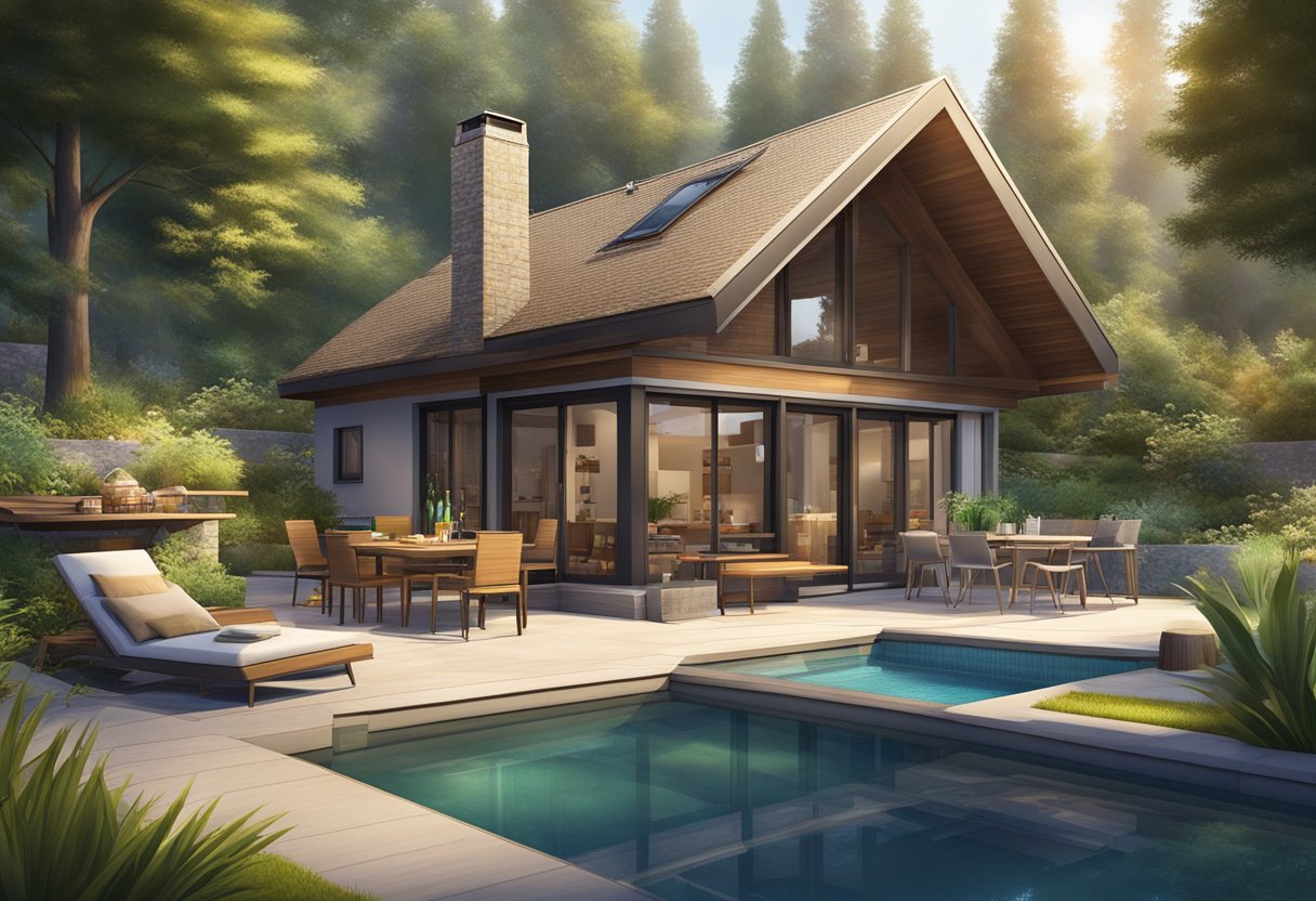 A cozy chalet nestled in lush greenery, with a sparkling pool and BBQ pits, surrounded by serene nature and modern amenities