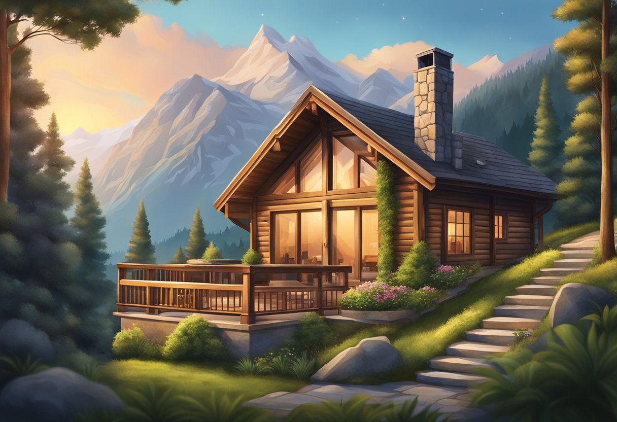A cozy chalet nestled in the lush greenery, with a warm fireplace and a scenic view of the mountains