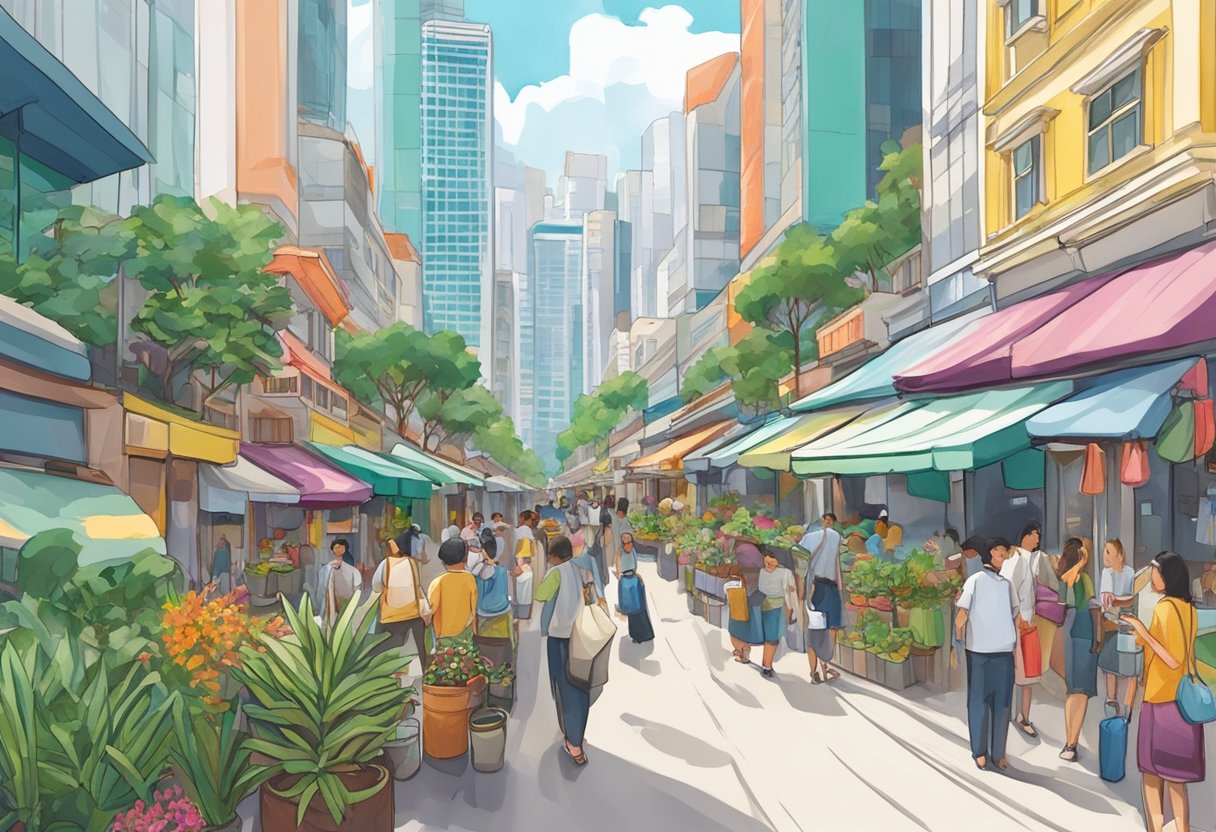 A bustling street in Singapore, with colorful shopfronts and bustling crowds. Tall skyscrapers loom in the background, and exotic plants line the sidewalks