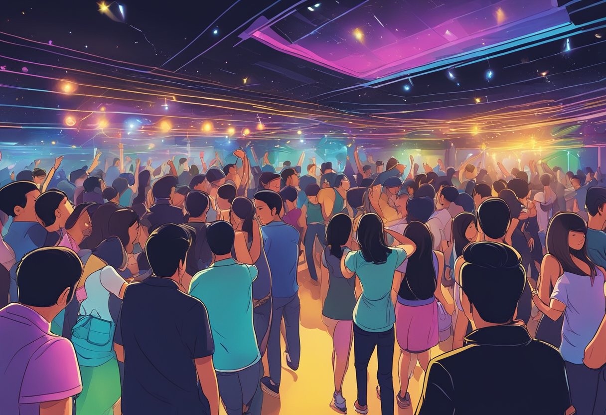 People dancing, colorful lights, and lively music fill the bustling club at Capital Zouk Singapore