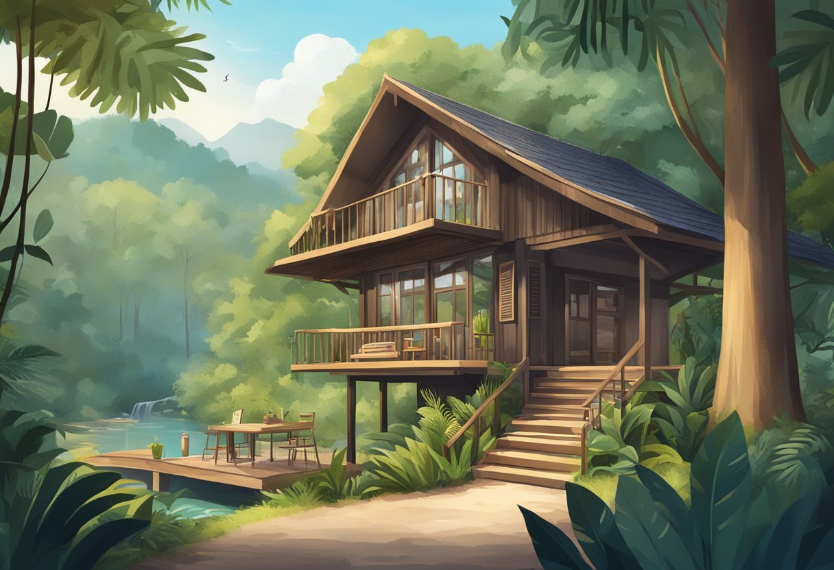 A cozy chalet nestled in a lush Singaporean forest, with a sign reading "Frequently Asked Questions" and a booking desk surrounded by nature