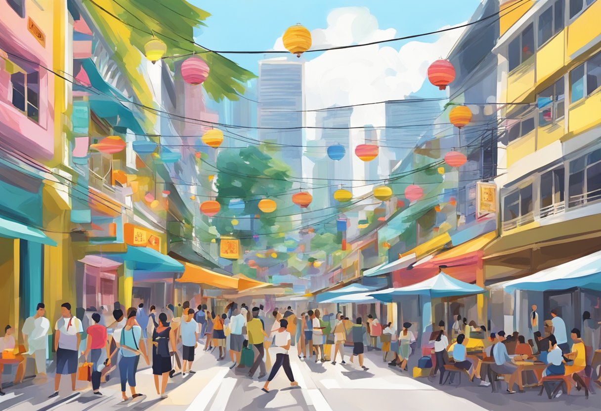 The bustling streets of Zouk, Singapore, with colorful signs and vibrant energy, as tourists gather around the Visitor Information capital