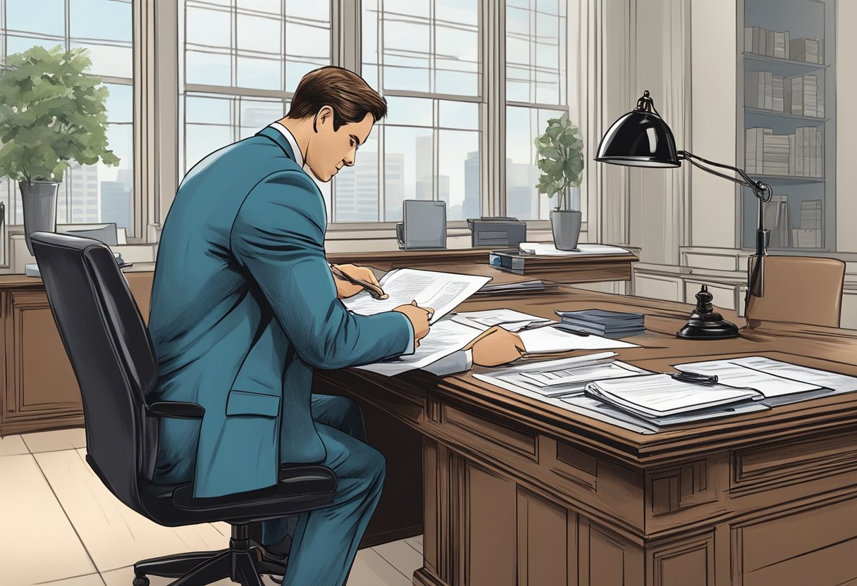 A notary public stamping a document with a seal, sitting at a desk in a professional office setting