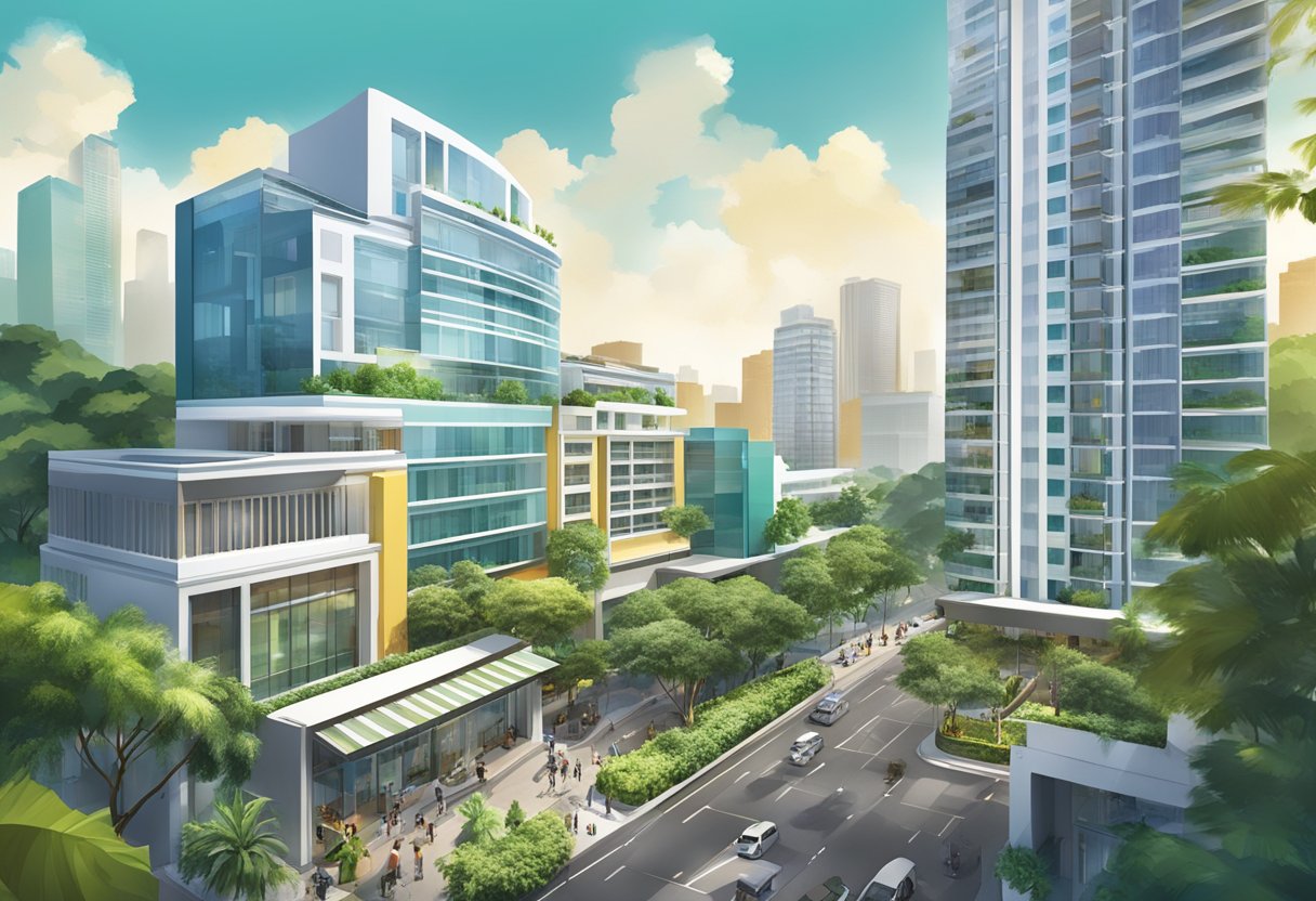 The bustling streets of Citadines Balestier Singapore, with its modern architecture and vibrant atmosphere, set against a backdrop of lush greenery and cityscape