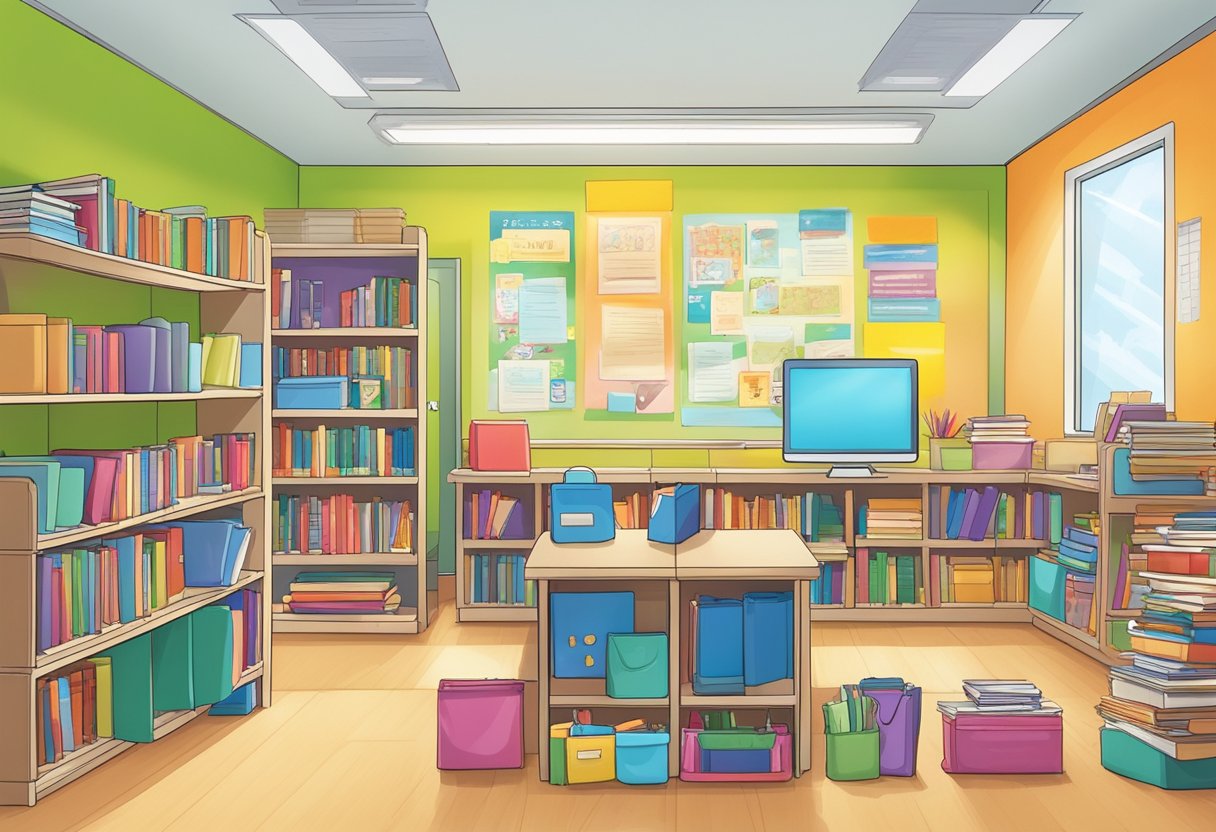 A colorful array of educational materials and resources from MOE Singapore, including books, digital devices, and teaching aids, are neatly organized on shelves and tables in a bright, inviting classroom setting