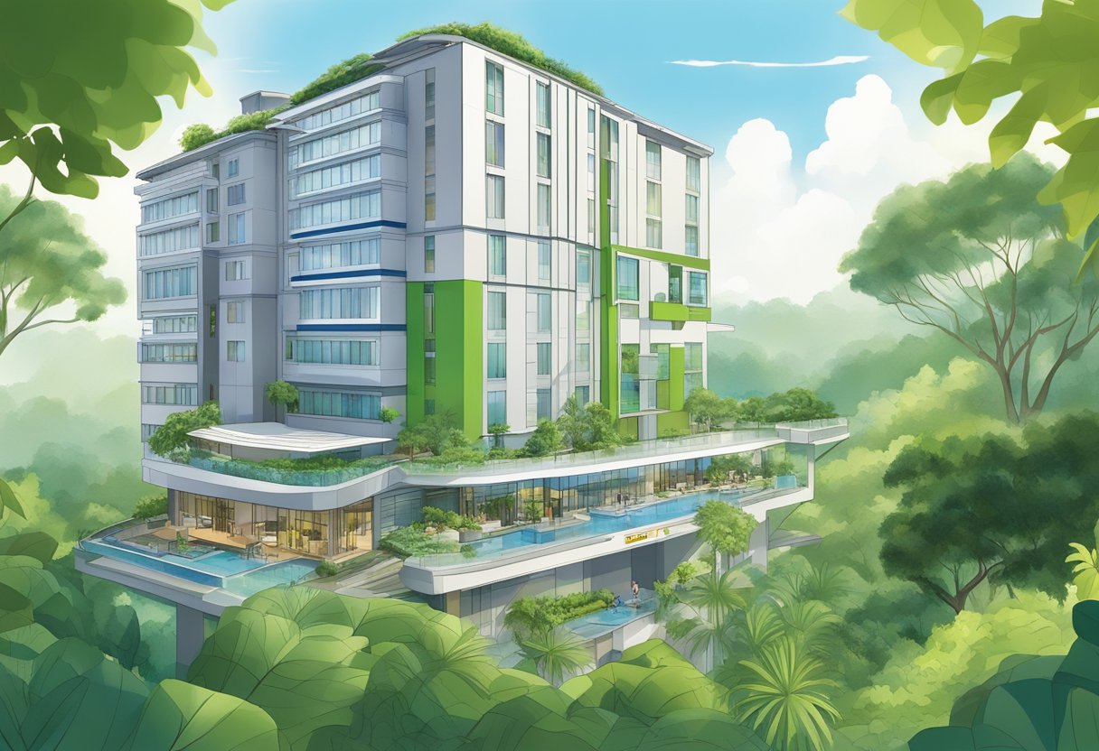 The ibis budget Singapore Mount Faber hotel stands tall against the backdrop of the city skyline, with lush greenery surrounding the modern building