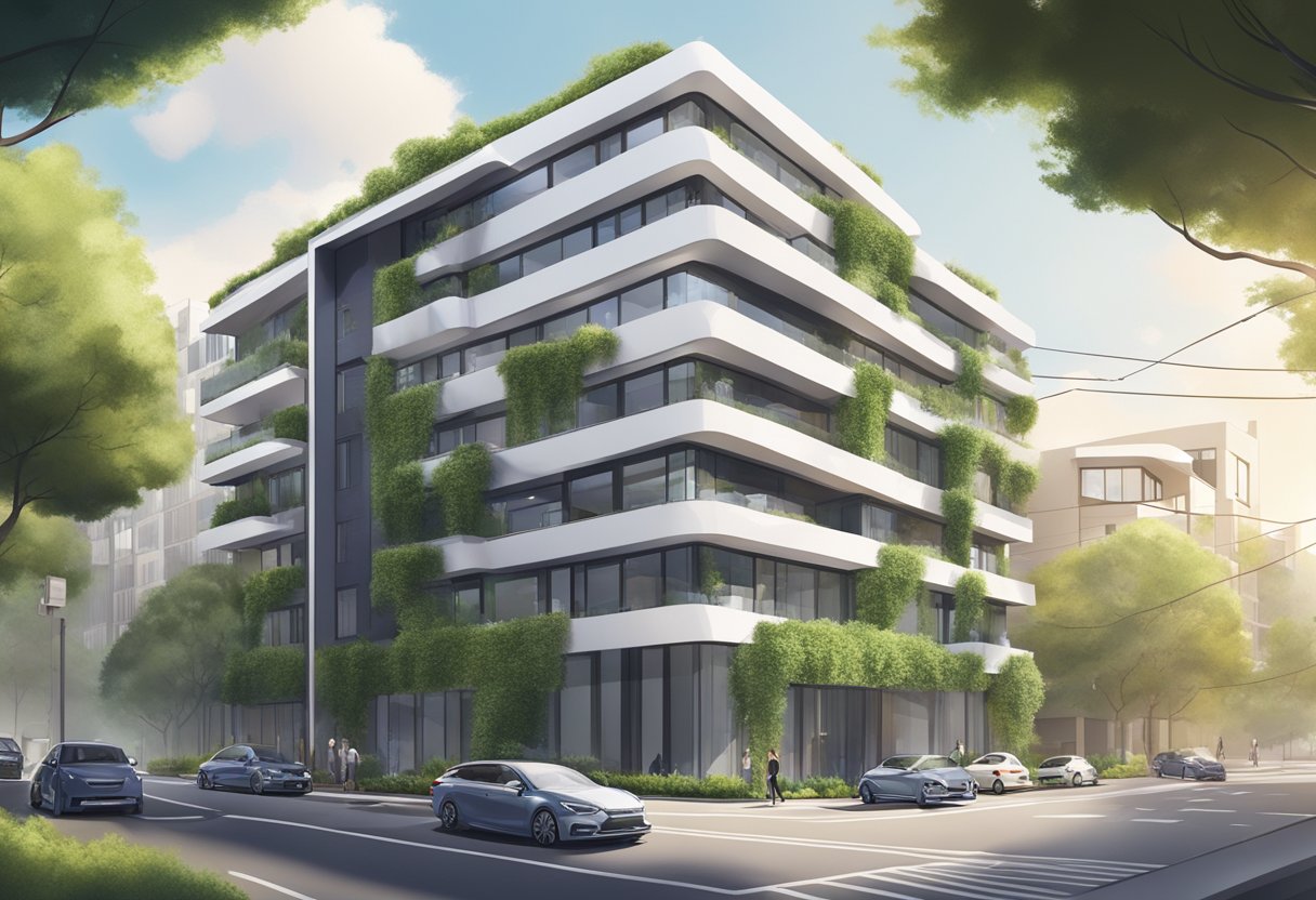 A modern apartment building with a sleek facade and lush greenery surrounding the entrance. The building is situated on a bustling street with cars and pedestrians passing by