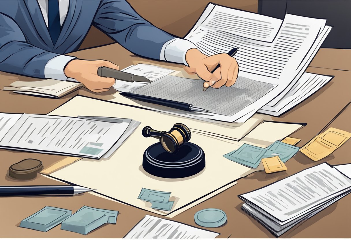 A notary public stamping a document with a seal, surrounded by legal documents and regulatory guidelines