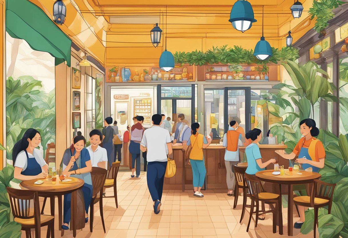 Customers entering Komala Vilas, a bustling restaurant in Singapore. Colorful decor, savory aromas, and friendly staff create a lively atmosphere