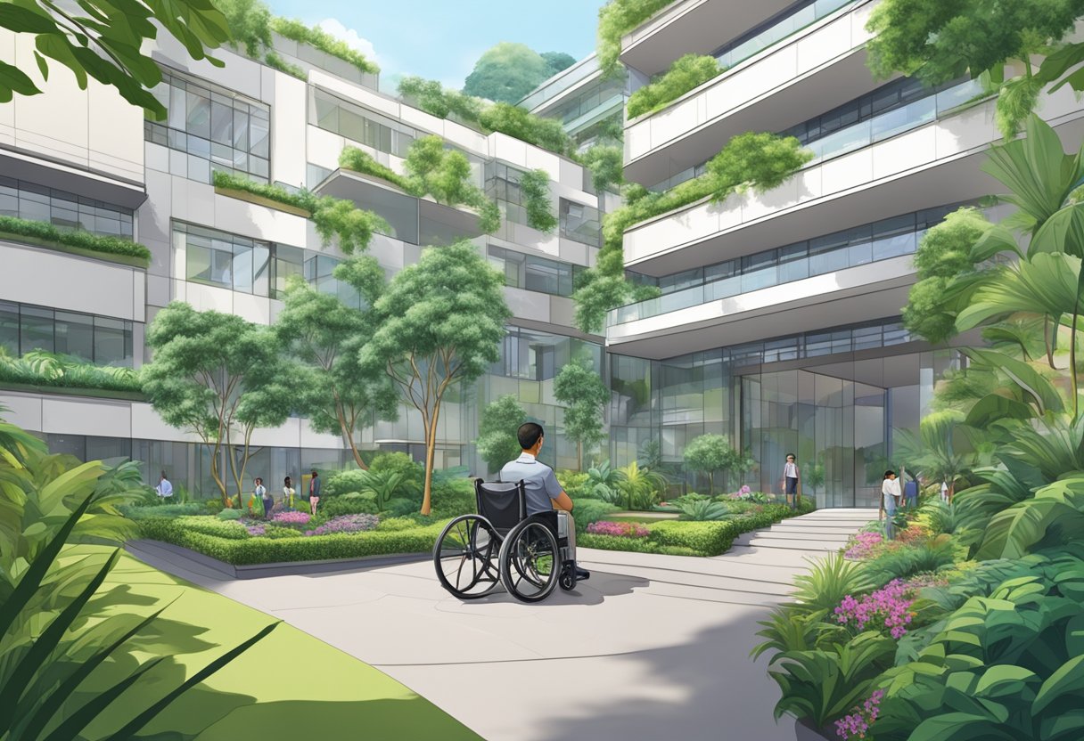 A modern building with wheelchair access and lush greenery in the heart of Singapore