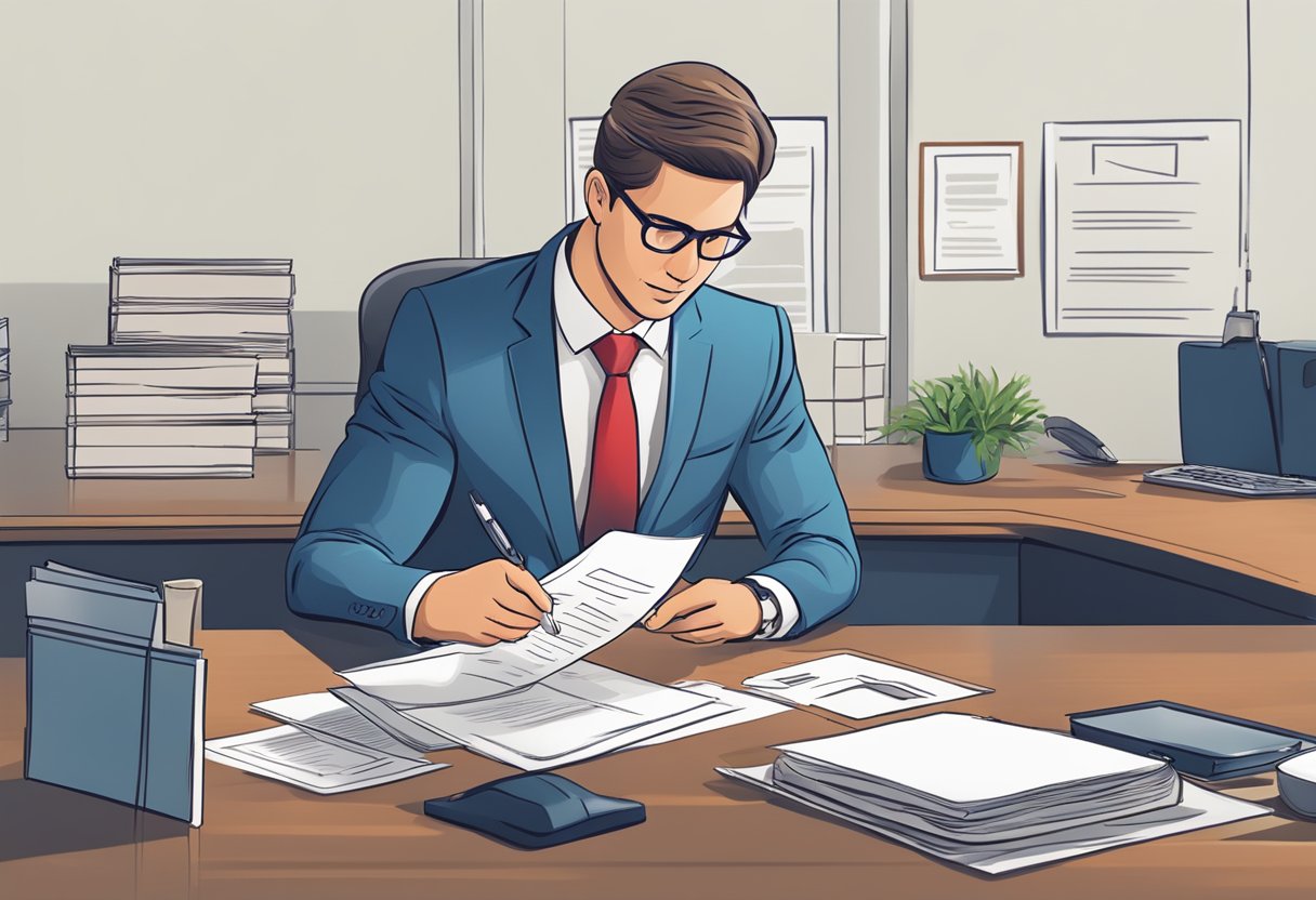 A notary public stamping a document with a red seal in an office setting