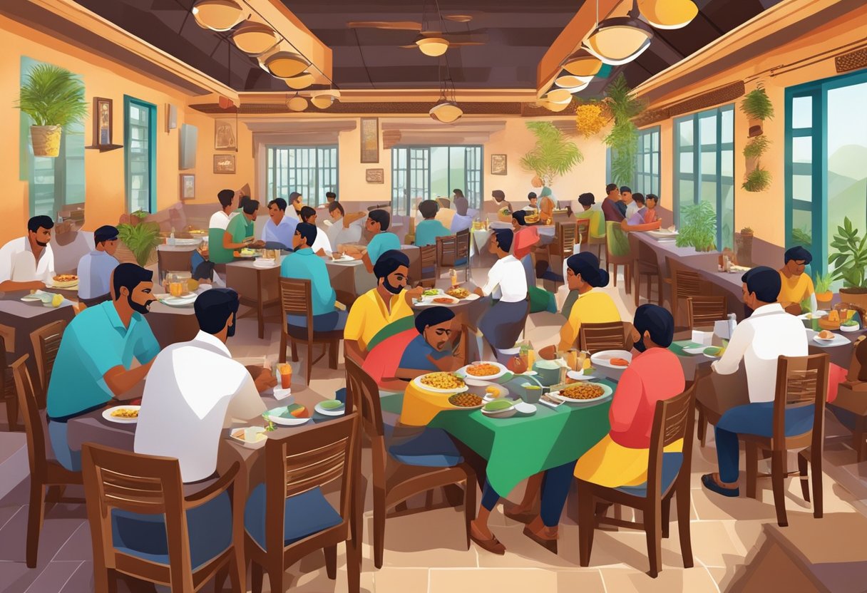 A bustling restaurant with colorful decor, filled with customers enjoying South Indian cuisine. Waiters move swiftly between tables, while the aroma of spices fills the air