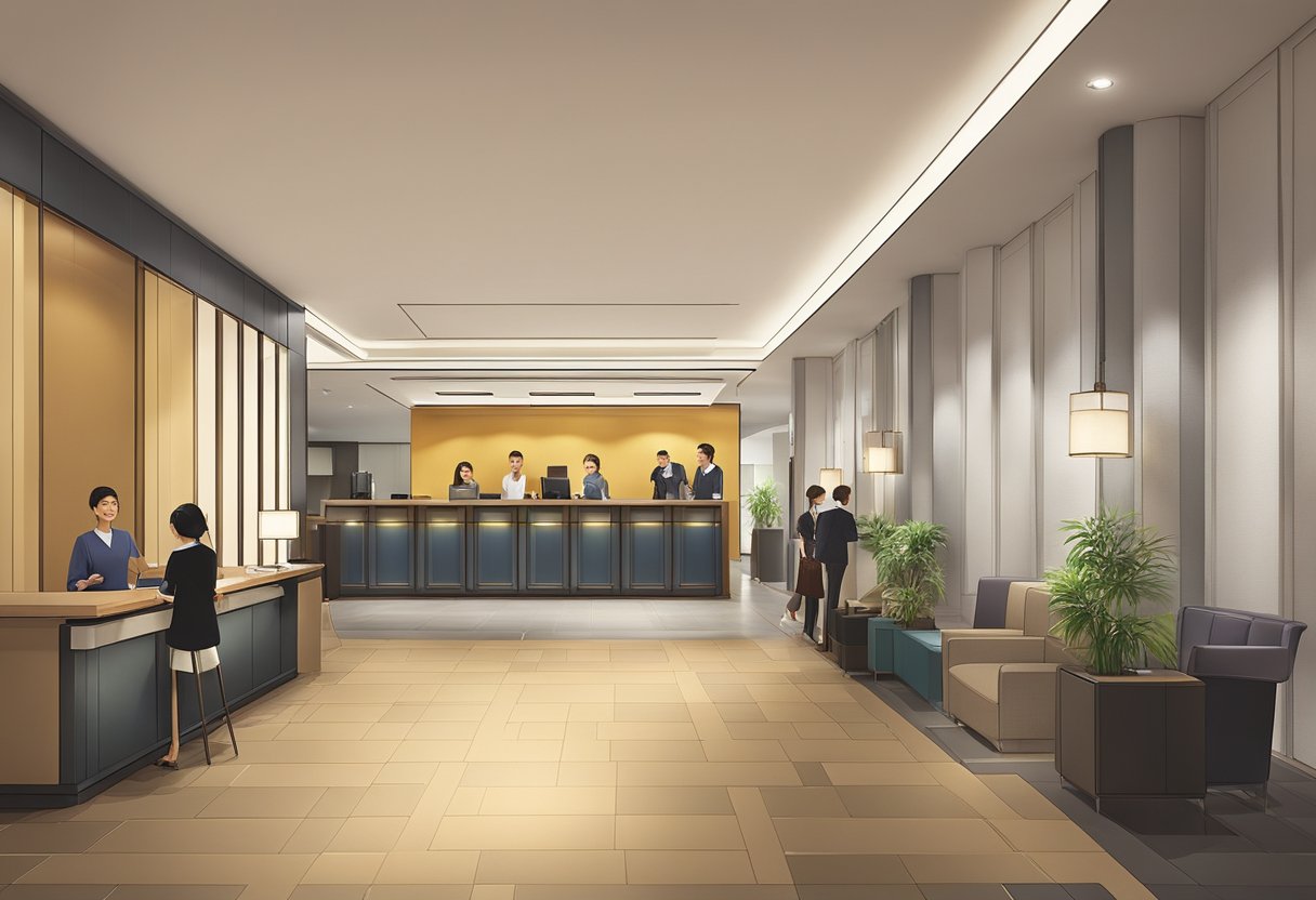 The bustling lobby of Citadines Balestier Singapore, with guests checking in at the front desk and staff assisting with luggage. A sleek, modern design and warm lighting create a welcoming atmosphere