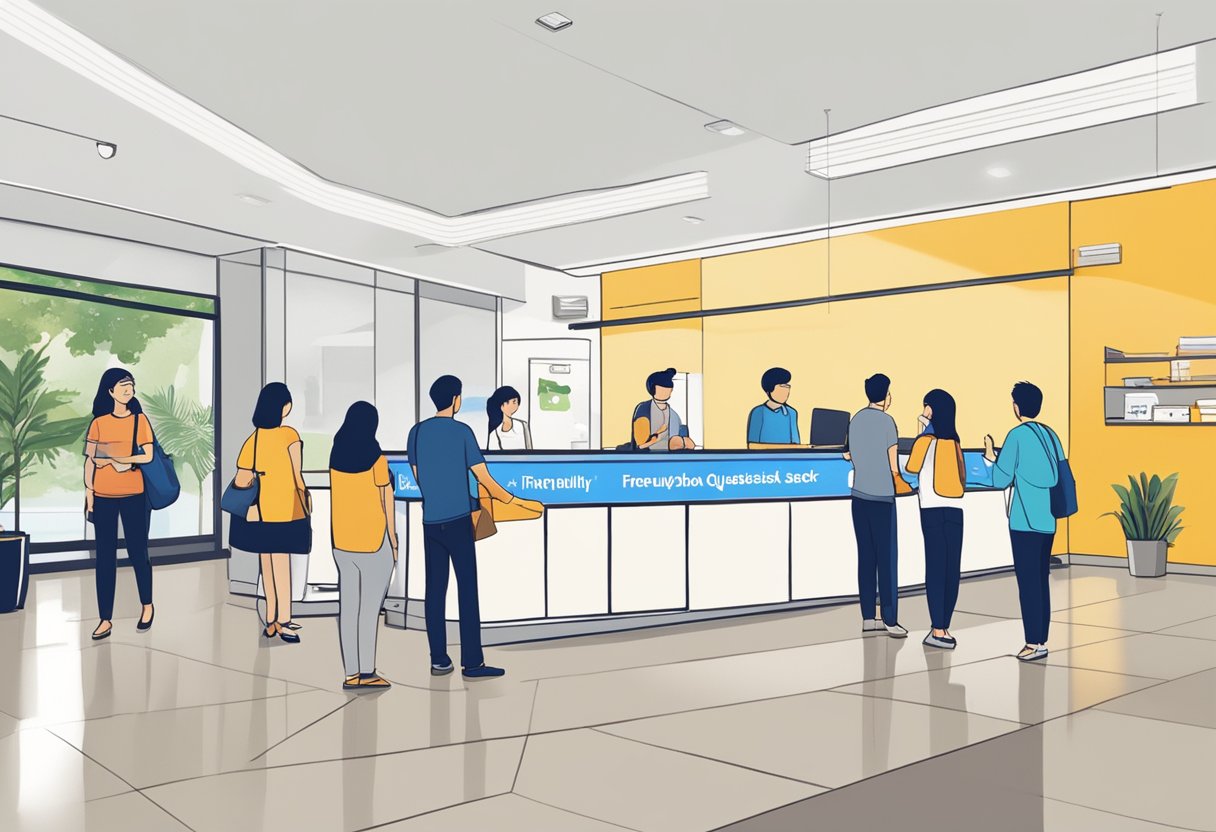 Guests lining up at the reception desk of ibis budget Singapore Mount Faber, with a sign displaying "Frequently Asked Questions" prominently placed