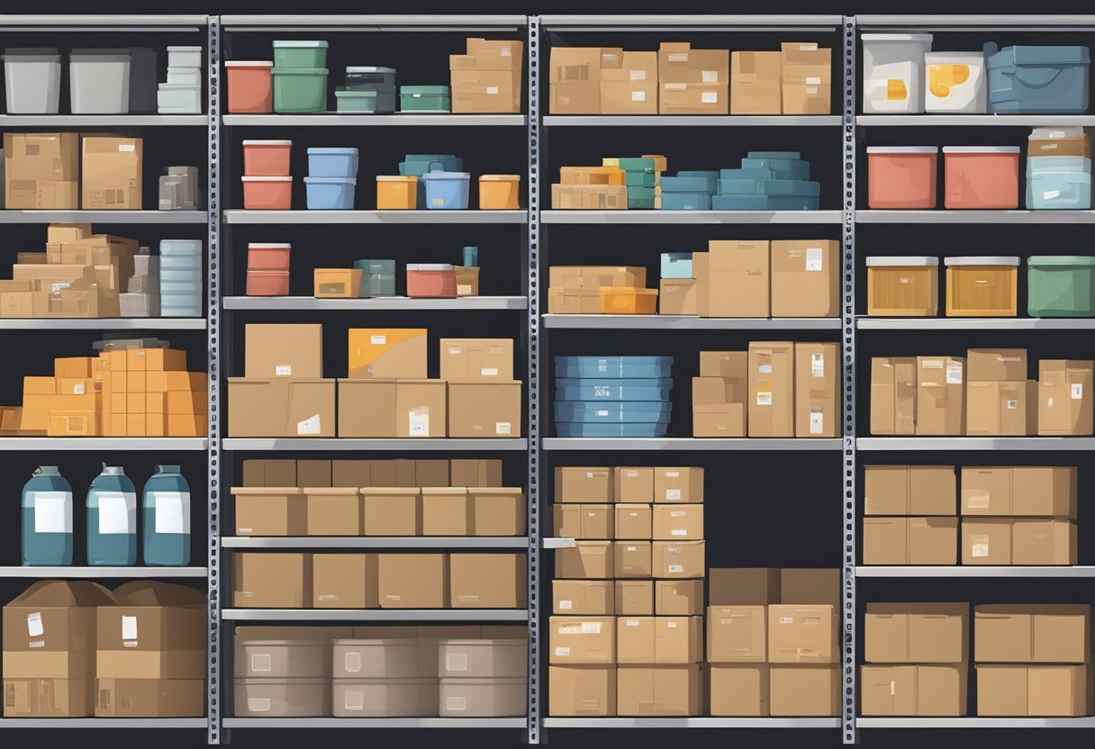 A cluttered storage unit in Singapore with neatly stacked boxes and shelves filled with various items. A dimly lit space with metal racks and labeled containers