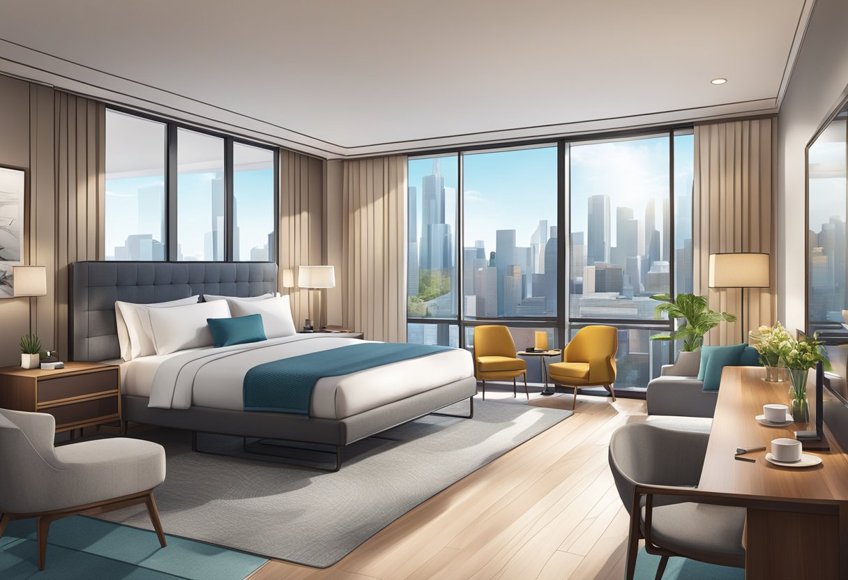 A bright, modern hotel room with city views and a cozy bed, featuring amenities like a work desk, coffee maker, and sleek bathroom