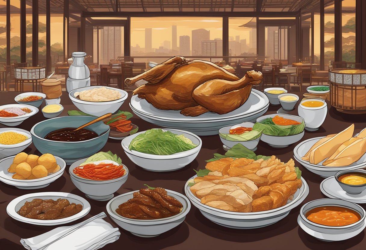 A table set with crispy Peking Duck, surrounded by traditional Chinese condiments, in a bustling Singapore restaurant
