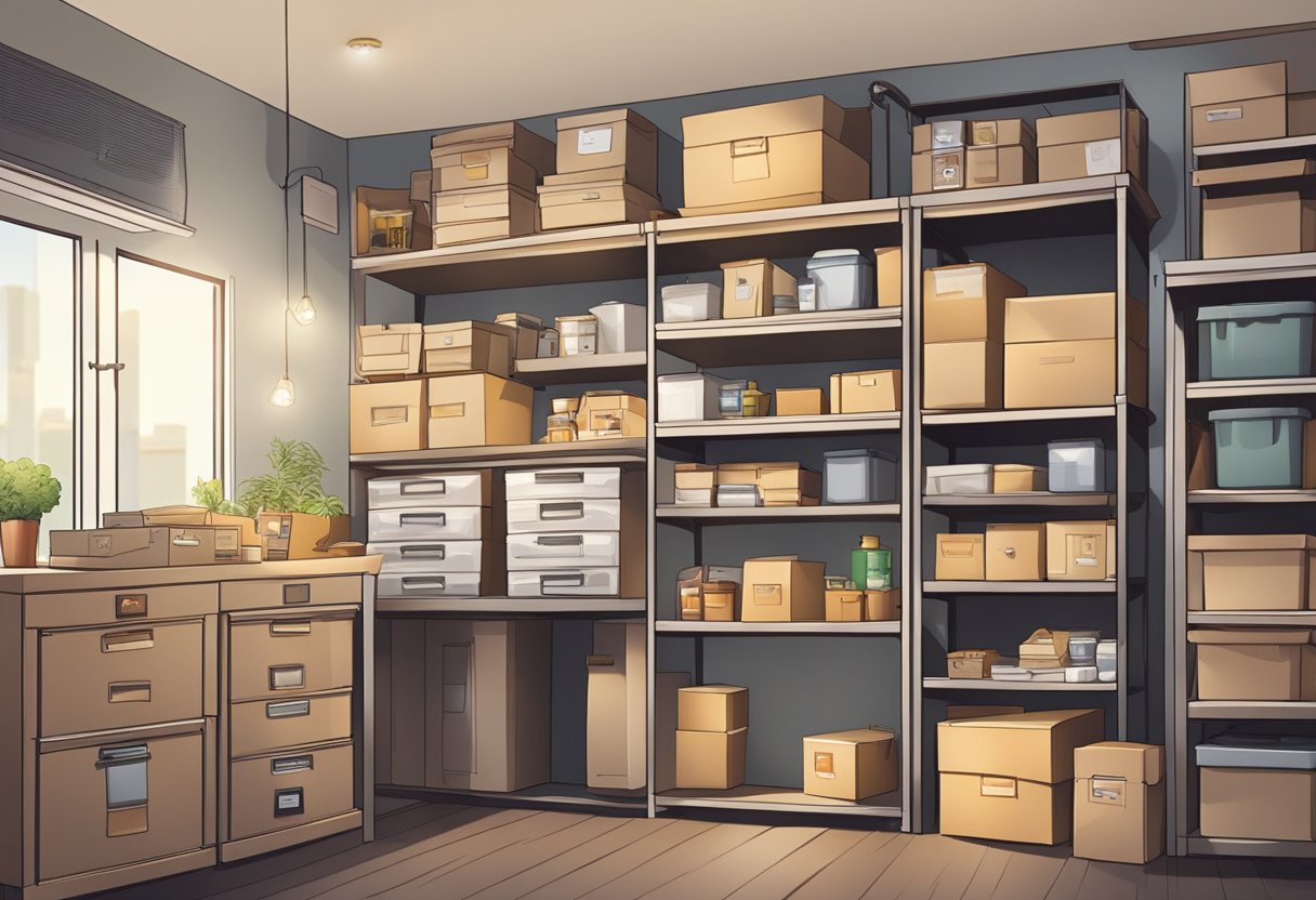 A cluttered room with various storage options like shelves, cabinets, and boxes. Labels and signs indicate different storage spaces available in Singapore
