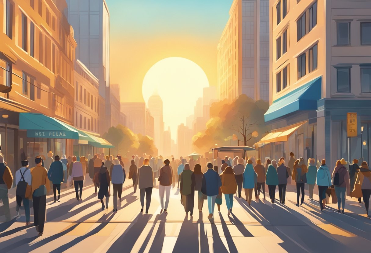 A bright sun rises over a city skyline, casting a warm glow on a bustling street with people going about their day
