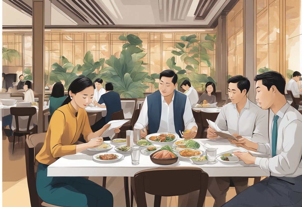 Guests sit at a table, studying menus for Peking duck in a modern, bustling Singapore restaurant