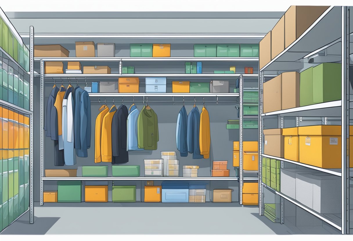 The storage space is clean and well-lit, with rows of neatly organized shelves and labeled boxes. A security camera is mounted in the corner, and a keypad entry system is installed at the entrance