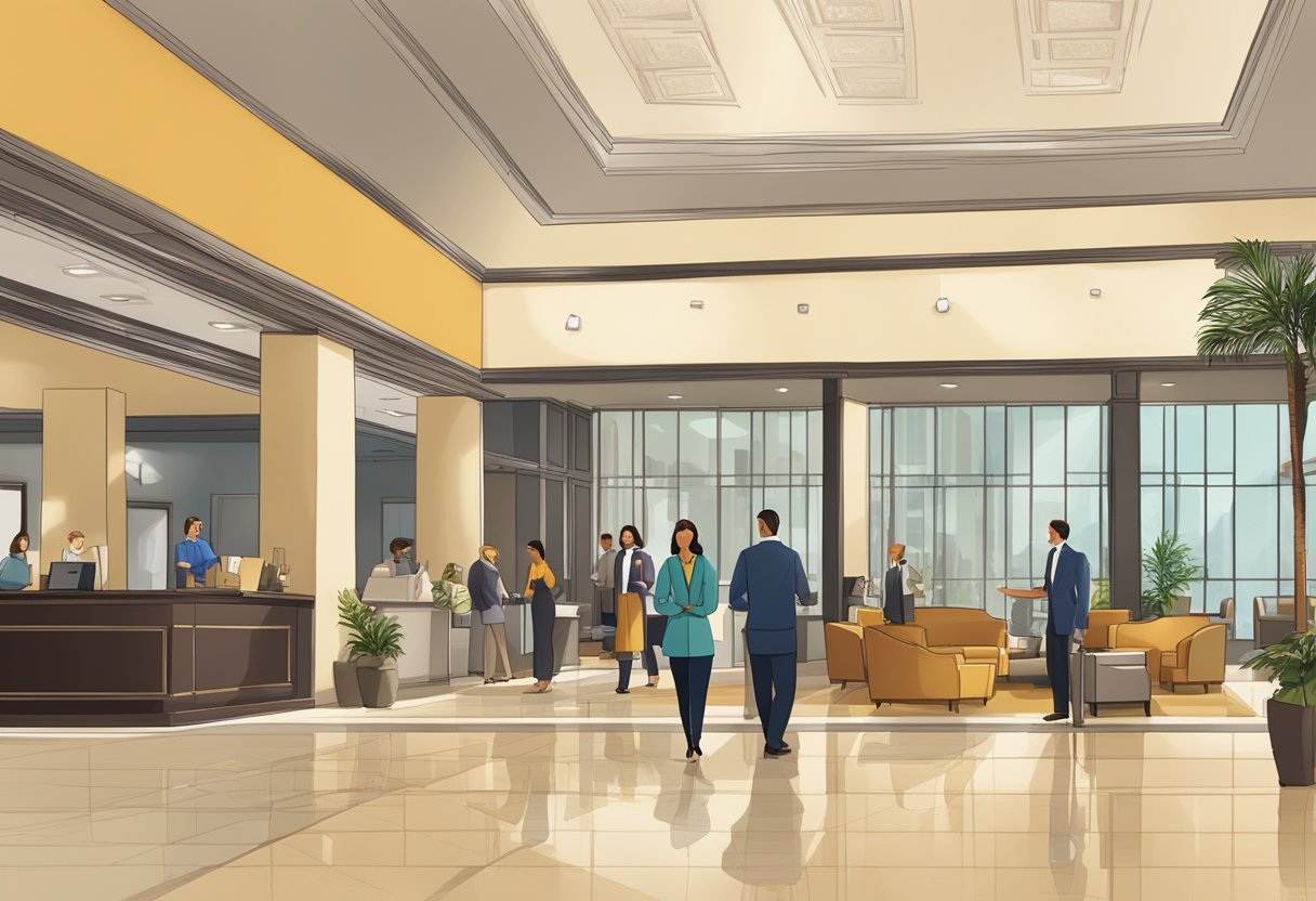 A busy hotel lobby with a prominent "Frequently Asked Questions" sign, guests approaching the front desk, and staff assisting with inquiries