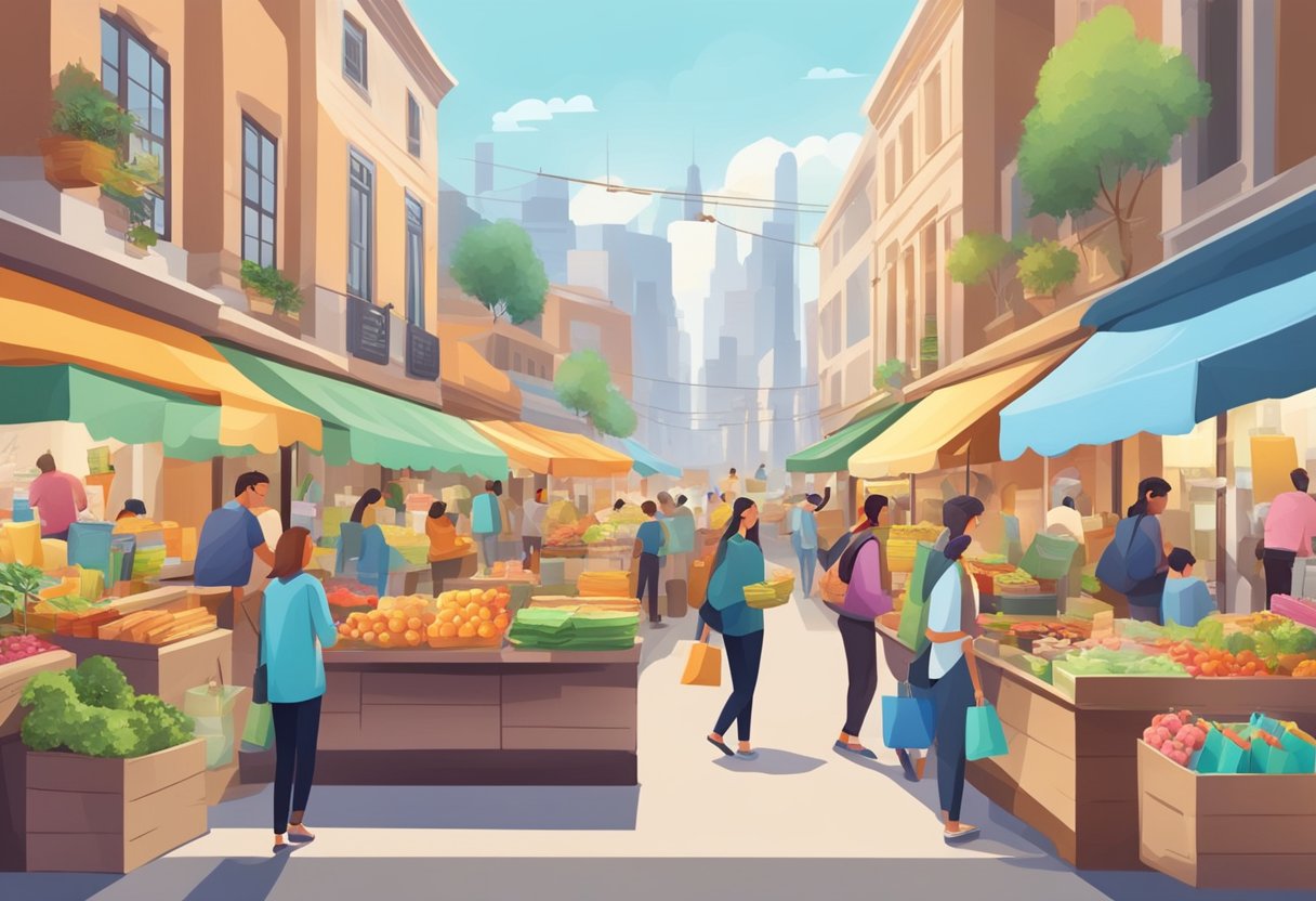 A bustling marketplace with colorful displays of various products, customers browsing and making purchases, and delivery personnel moving in and out