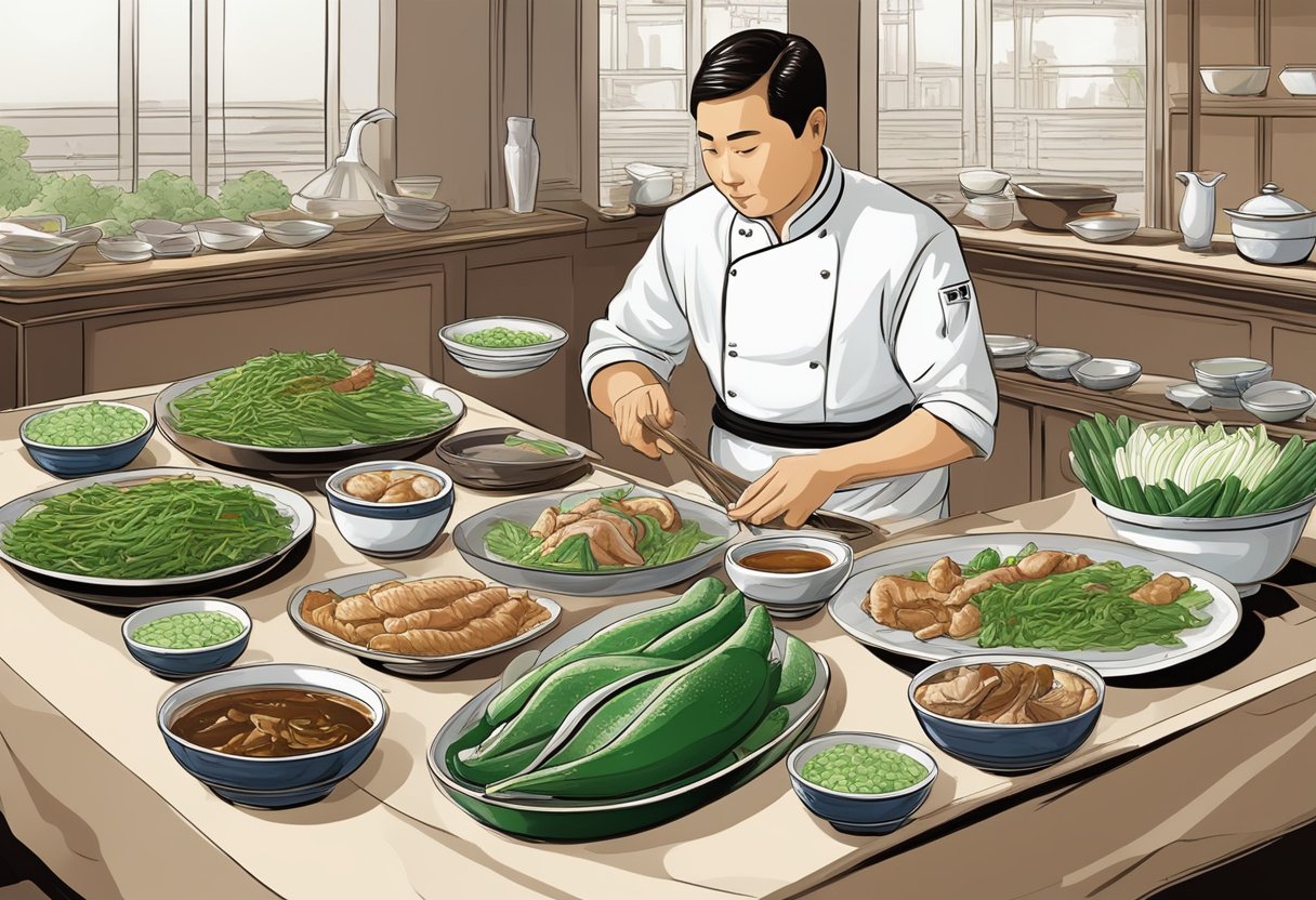 A table set with a whole Peking duck, surrounded by small dishes of hoisin sauce, cucumber, and scallions. A chef carves the duck at a nearby station