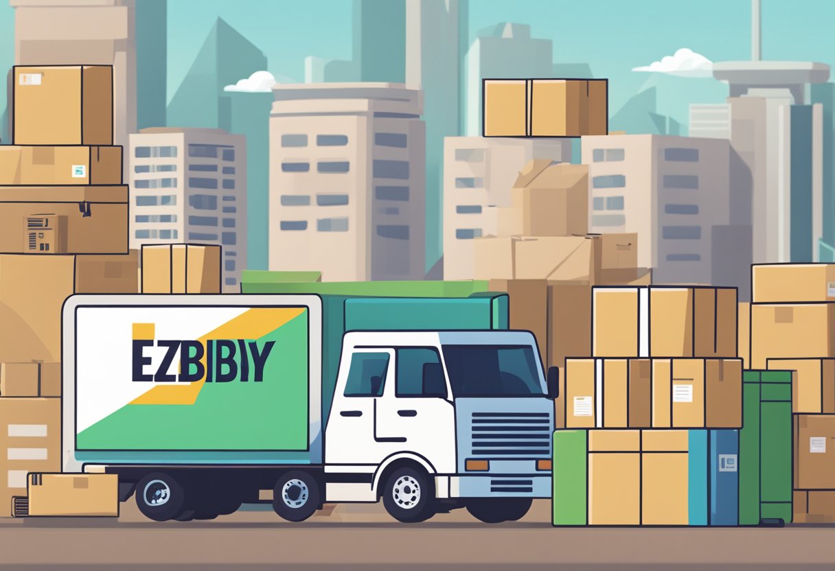 A stack of parcels labeled "ezbuy Singapore" sits beside a computer and a mobile phone, with a delivery truck in the background