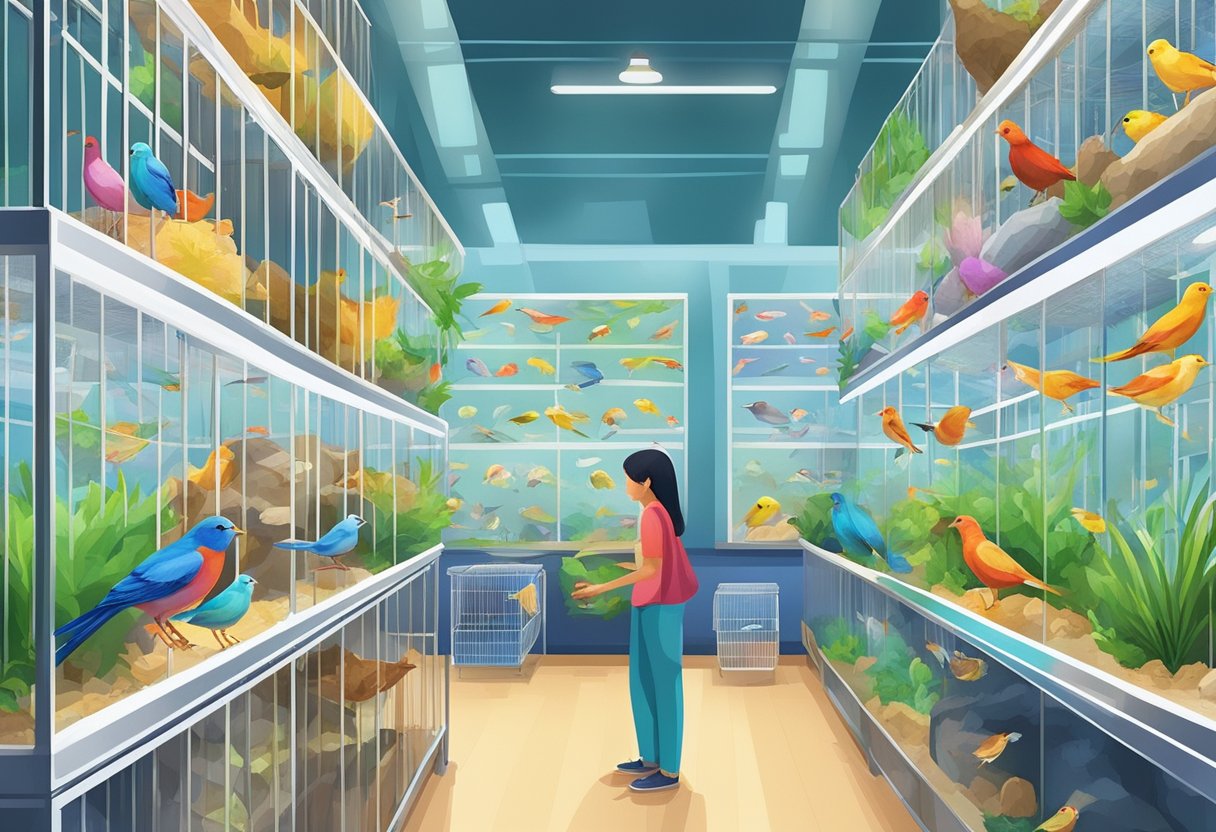 Colorful birds perch in spacious cages, fish swim in illuminated tanks, and small animals play in their enclosures at a bustling pet shop in Singapore