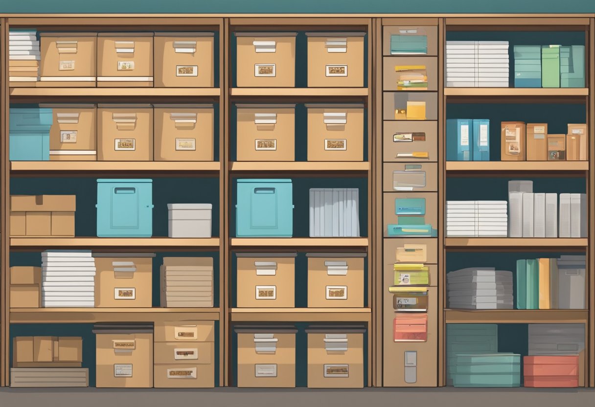 A neatly organized storage unit with labeled boxes and shelves, displaying the words "Frequently Asked Questions storage space singapore."