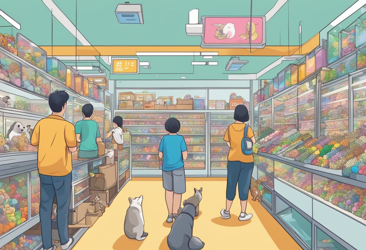 Customers browse colorful displays of small animals, toys, and supplies in a bustling Singapore pet shop