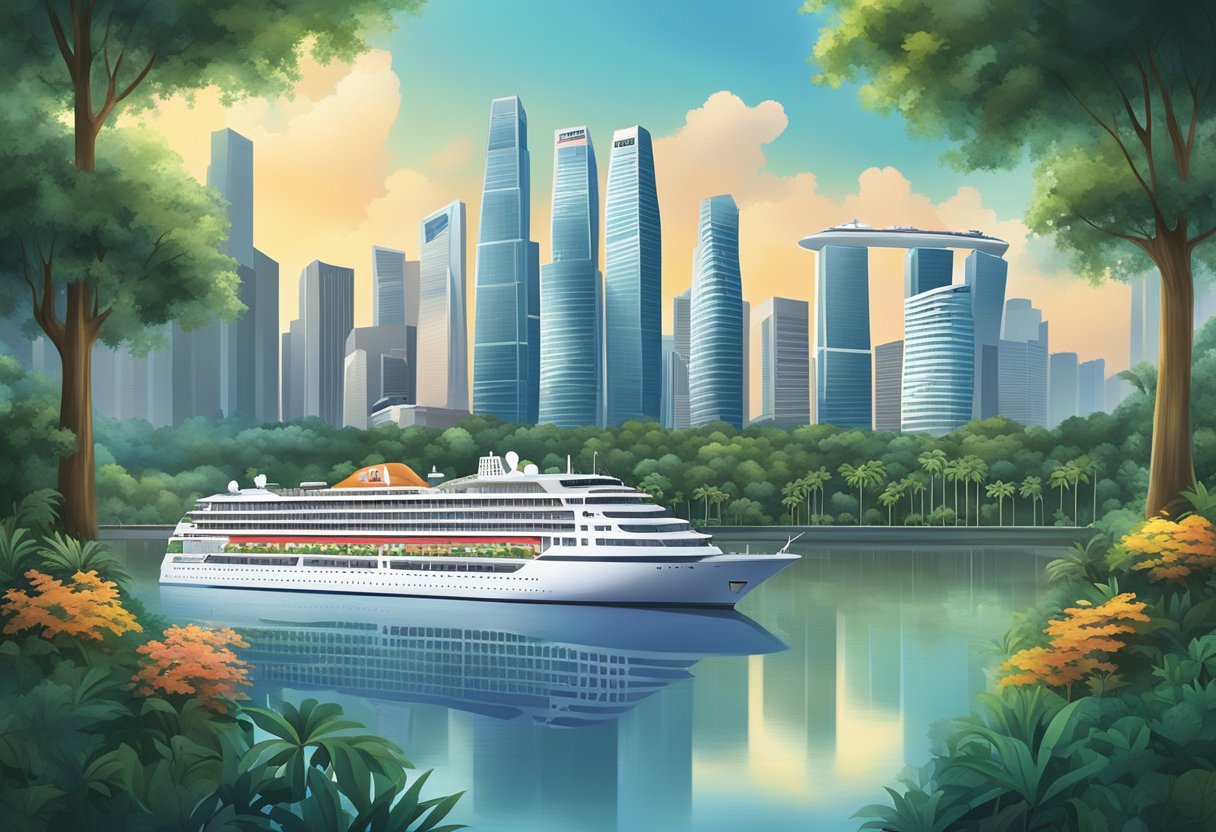 The Genting Cruise in Singapore sails through the sparkling waters, surrounded by towering skyscrapers and lush greenery, with the iconic Singapore skyline in the background