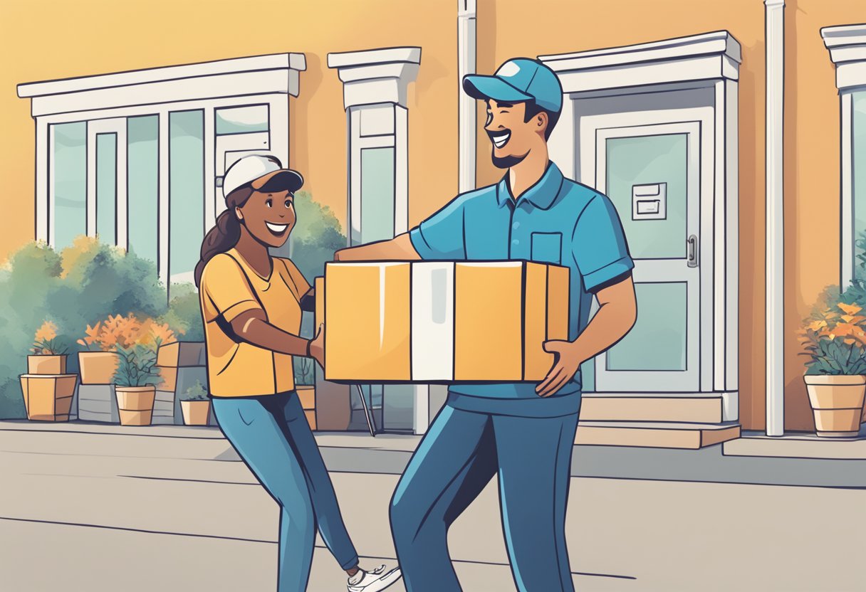 A hand reaching for an ezbuy package with a smiling delivery person in the background