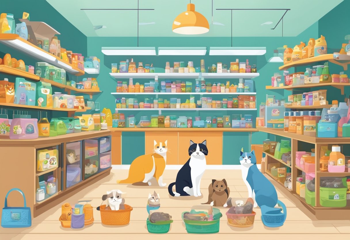 A variety of pet products and services are displayed in a vibrant pet shop in Singapore. The shelves are stocked with toys, food, grooming supplies, and accessories for cats, dogs, birds, and small animals