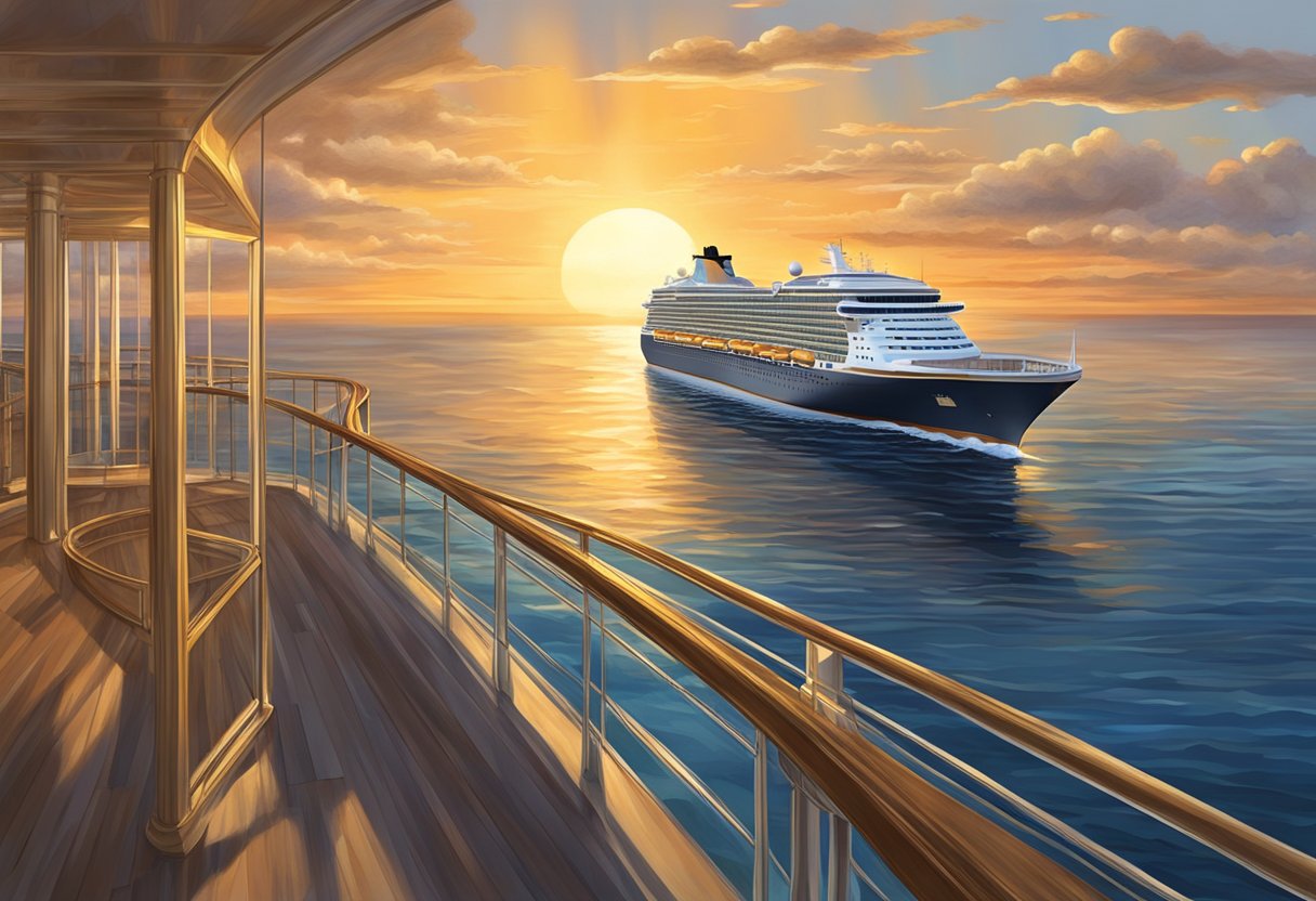 The sun sets over the calm ocean, casting a golden glow on the massive cruise ship. The ship's elegant design and grandeur stand out against the serene backdrop of the sea