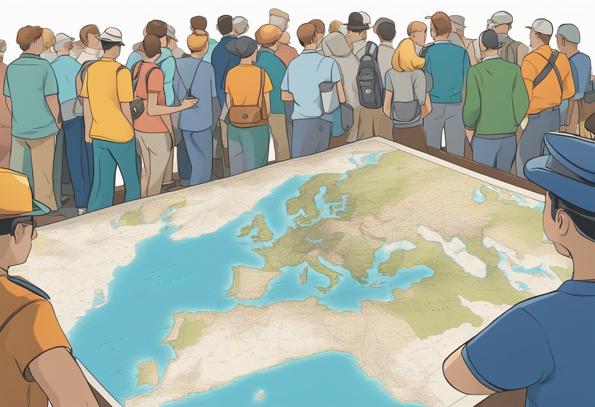 Passengers gather around a map, discussing their cruise route. The ship's outline is visible in the background