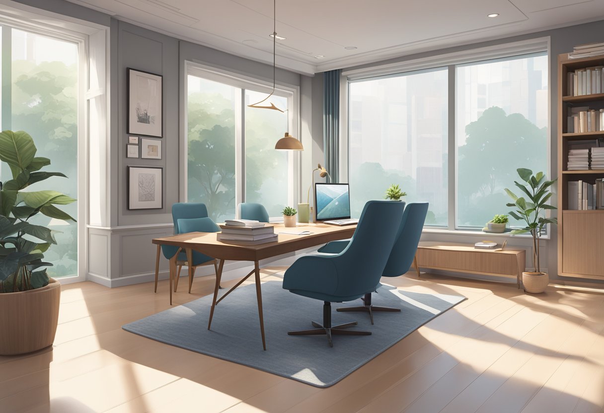 A psychiatrist's office in Singapore, with a sleek desk, comfortable chairs, and calming decor. A large window lets in natural light, and a bookshelf is filled with psychology and self-help books
