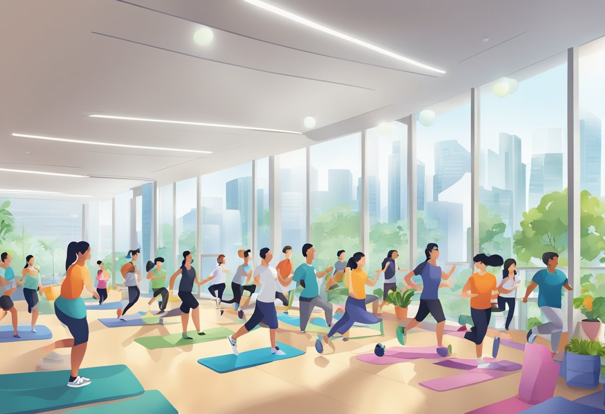 A bustling healthhub in Singapore, with people engaging in fitness activities, attending wellness workshops, and seeking medical advice