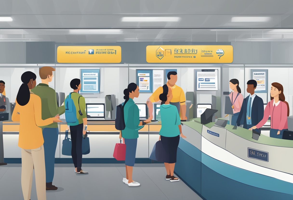 Passengers lining up at the customer service desk, a crew member answering questions, and a sign displaying "Frequently Asked Questions" in multiple languages
