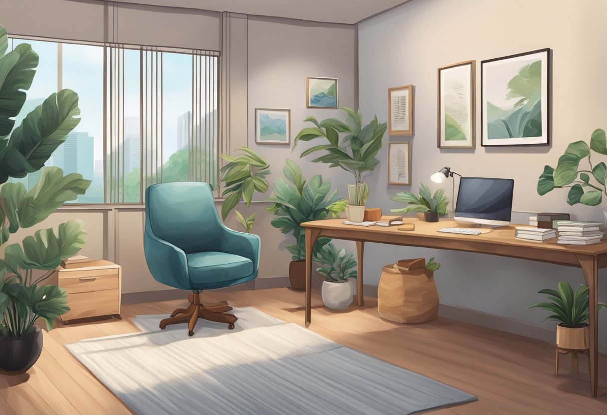 A psychiatrist's office in Singapore, with a cozy and professional atmosphere, featuring a desk, comfortable chairs, and calming decor