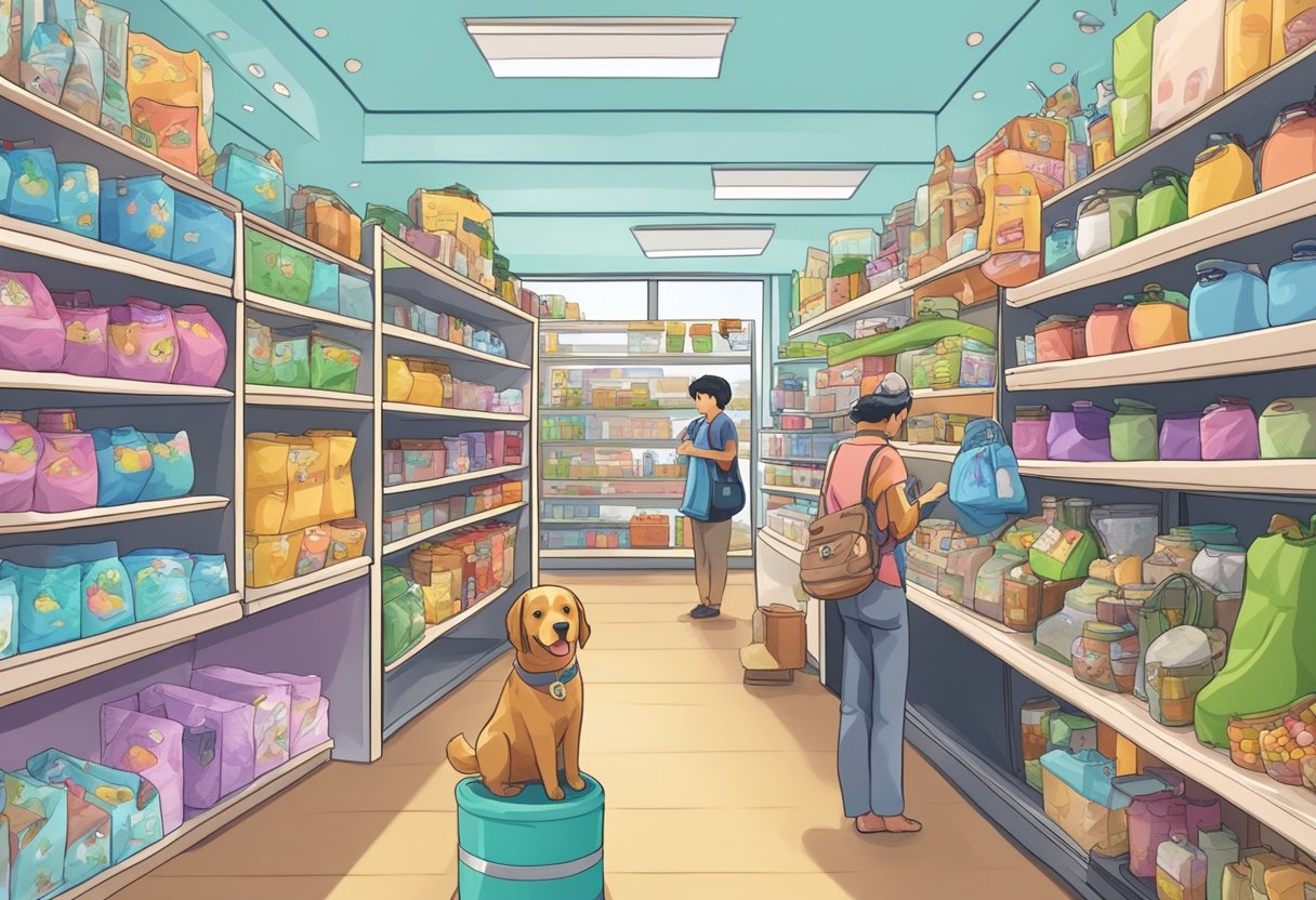 A colorful array of pet supplies and accessories lines the shelves of a bustling pet shop in Singapore, with customers browsing and asking questions