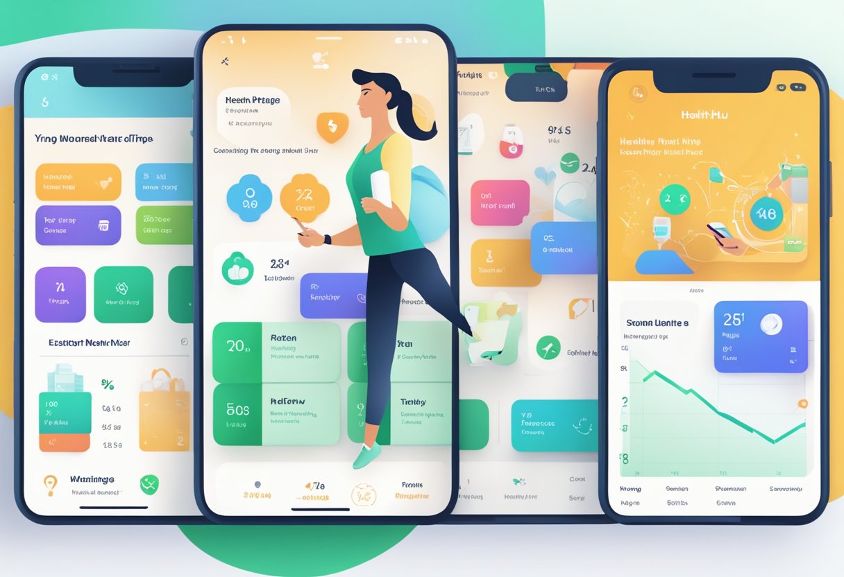 A person opens the HealthHub app on their phone, showing the homepage with various health and wellness features. A heart rate monitor, exercise tracker, and healthy eating tips are displayed