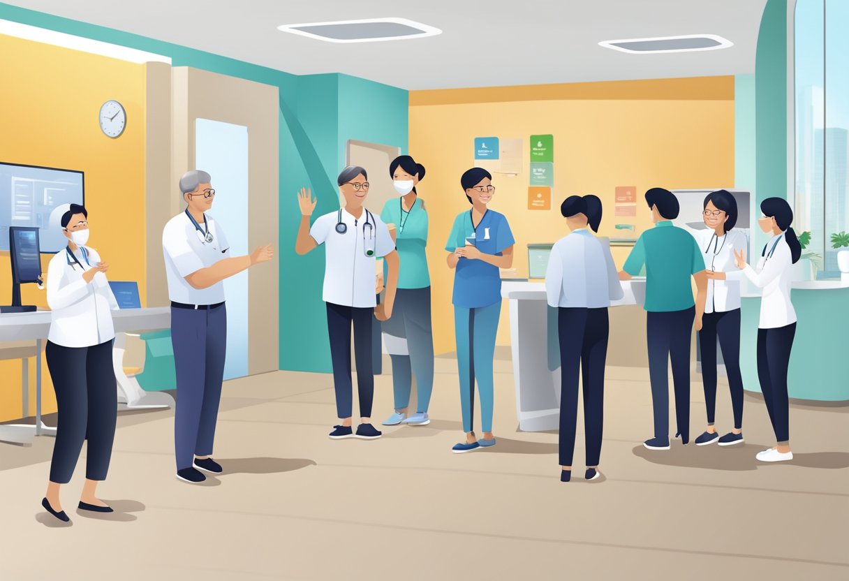 People visiting HealthHub Singapore, interacting with staff, using facilities and services