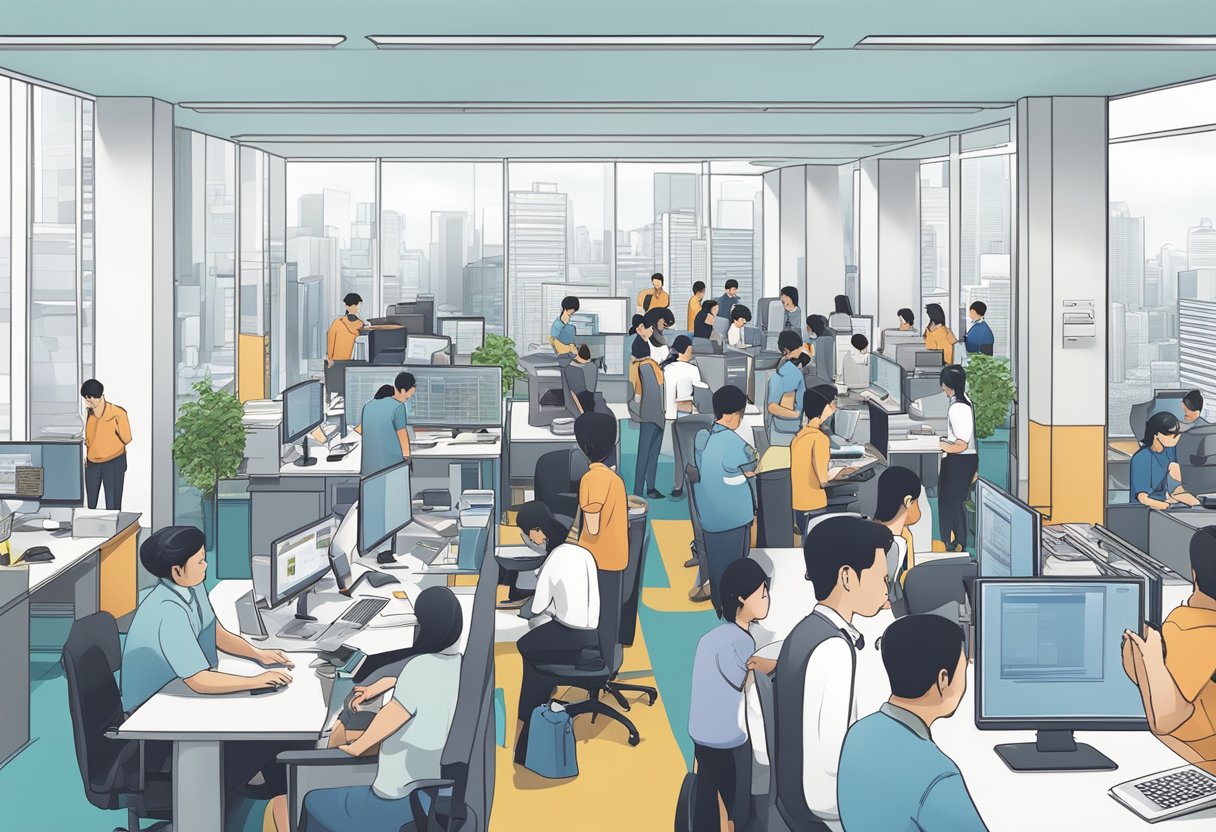 A bustling vfs global office in Singapore, with people queuing, filling out forms, and staff assisting with visa applications