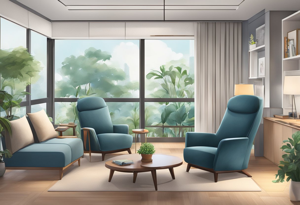 A psychiatrist's office in Singapore, with comfortable seating, soothing decor, and a desk for the professional to meet with clients