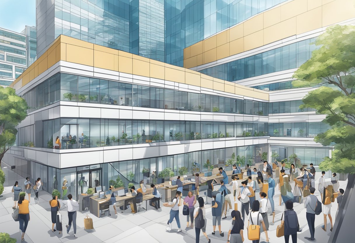 A bustling VFS Global office in Singapore, with people submitting documents and staff assisting customers with visa applications