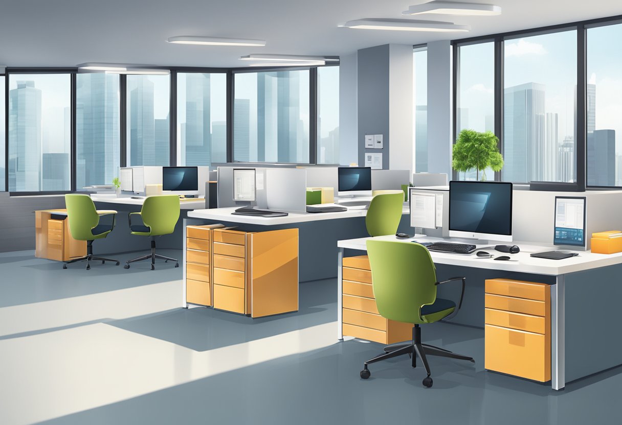 A modern office with computer screens and file cabinets, representing a credit bureau in Singapore